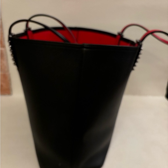 Black Tote Bag with Red Interior and Studded Handles - Picture 4 of 8